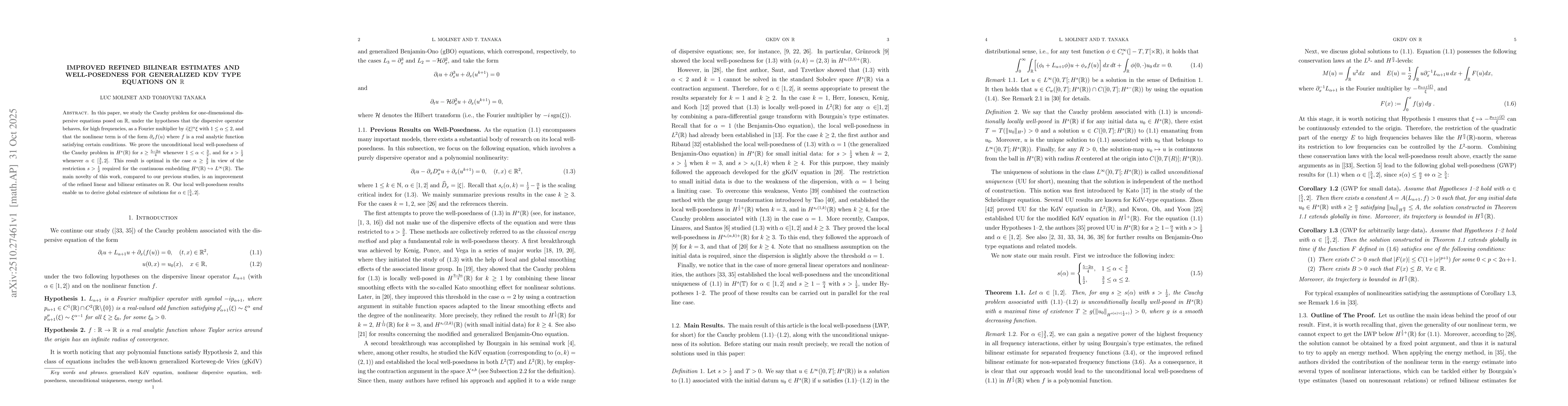 Thumbnail for Improved refined bilinear estimates and well-posedness for generalized
  KdV type equations on $\mathbb{R}$