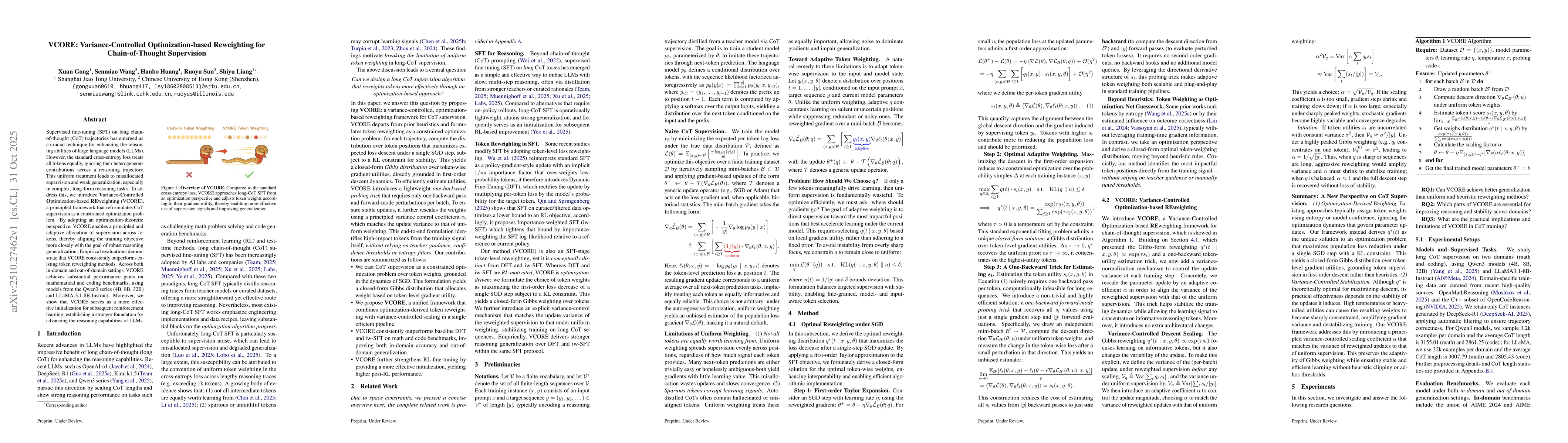Thumbnail for VCORE: Variance-Controlled Optimization-based Reweighting for
  Chain-of-Thought Supervision