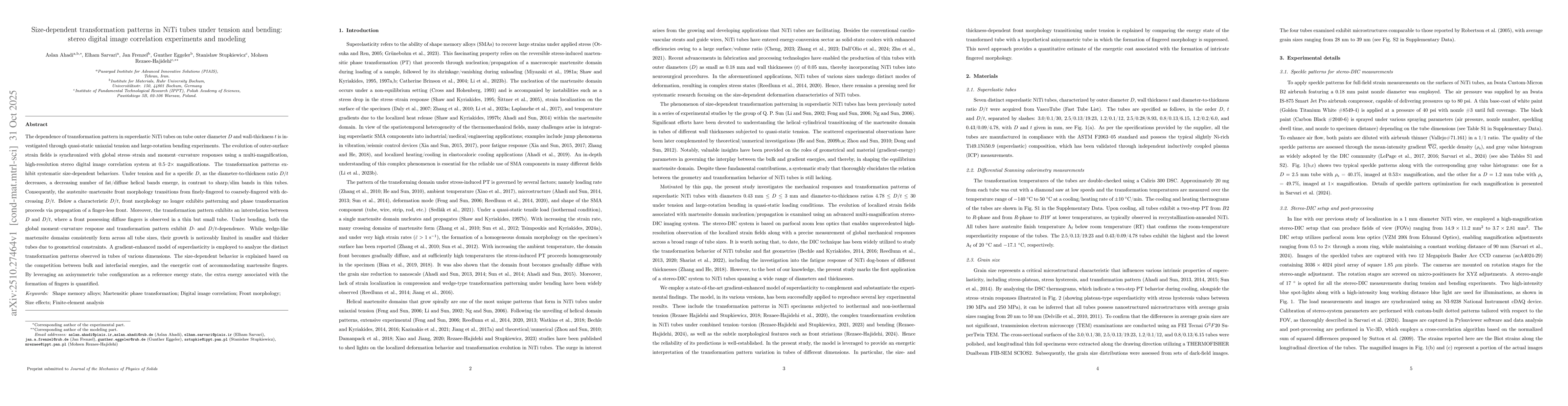 Thumbnail for Size-dependent transformation patterns in NiTi tubes under tension and
  bending: Stereo digital image correlation experiments and modeling