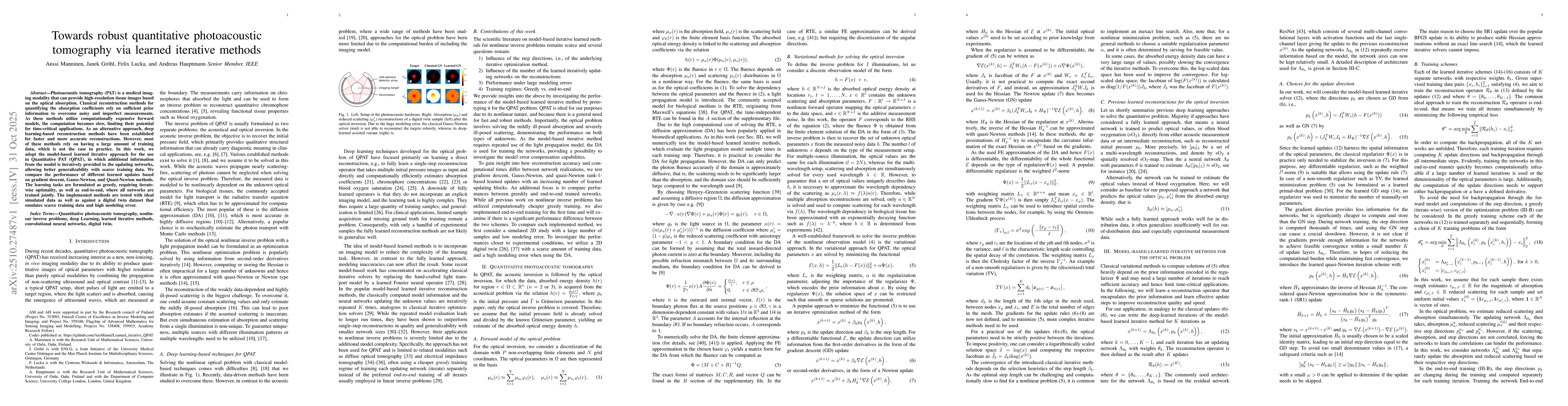 Thumbnail for Towards robust quantitative photoacoustic tomography via learned
  iterative methods