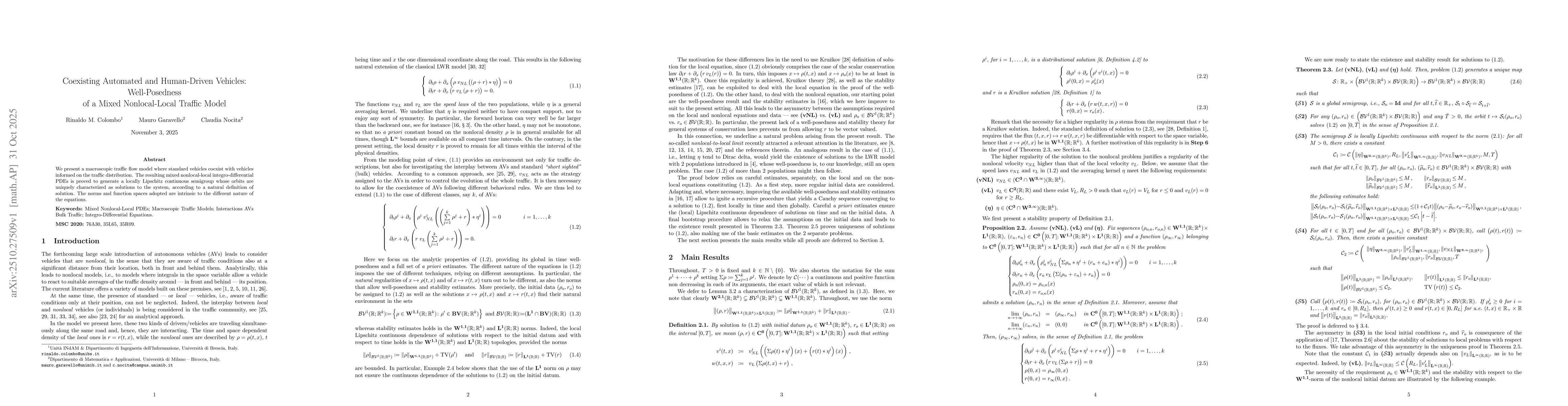 Thumbnail for Coexisting Automated and Human-Driven Vehicles: Well-Posedness of a
  Mixed Nonlocal-Local Traffic Model