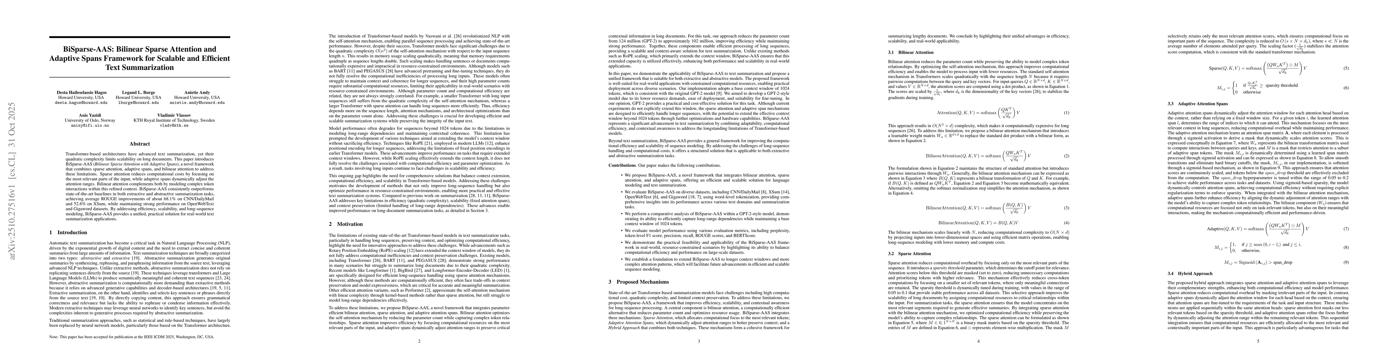 Thumbnail for BiSparse-AAS: Bilinear Sparse Attention and Adaptive Spans Framework for
  Scalable and Efficient Text Summarization
