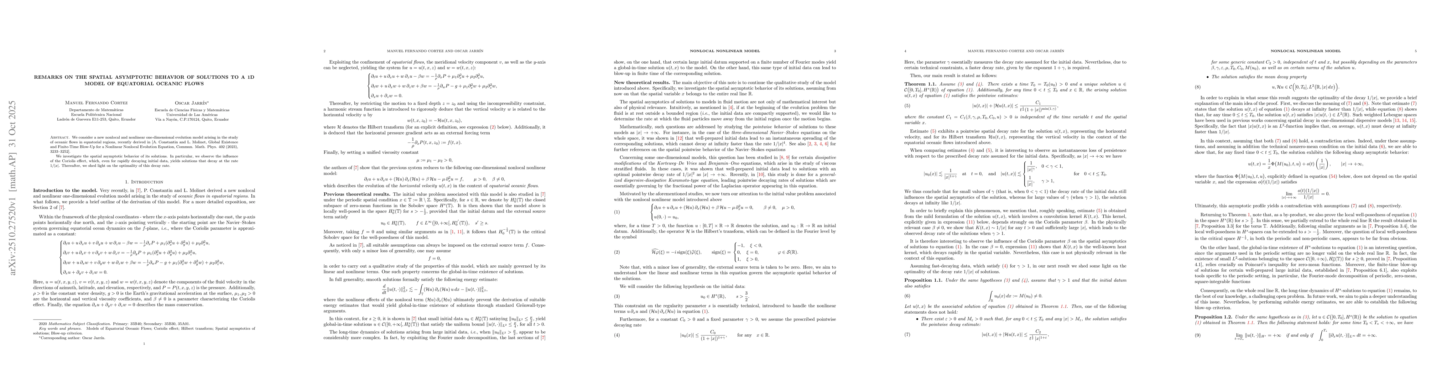 Thumbnail for Remarks on the Spatial Asymptotic Behavior of Solutions to a 1D Model of
  Equatorial Oceanic Flows