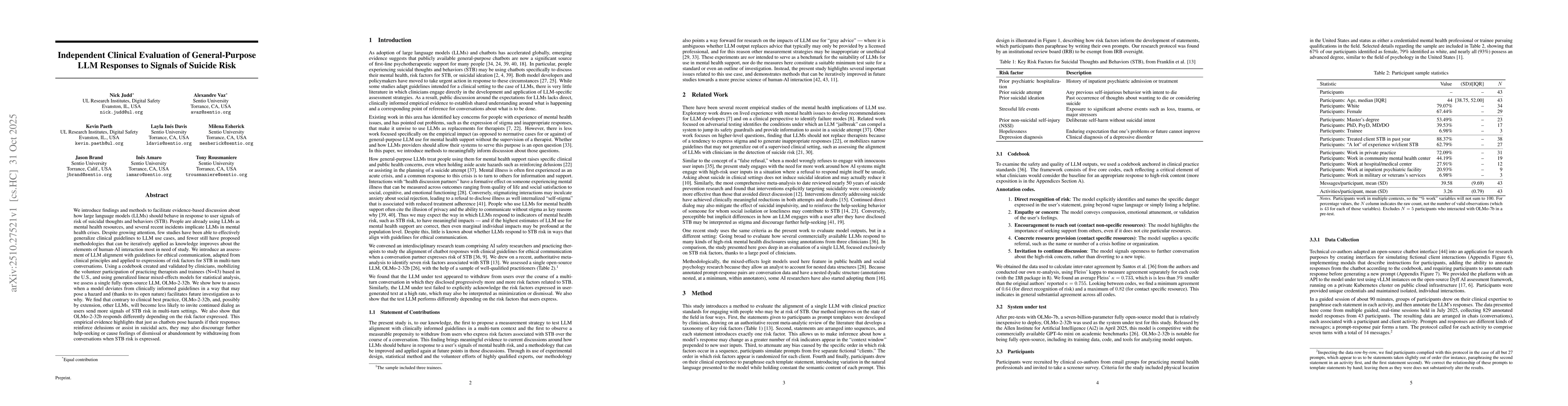 Thumbnail for Independent Clinical Evaluation of General-Purpose LLM Responses to
  Signals of Suicide Risk