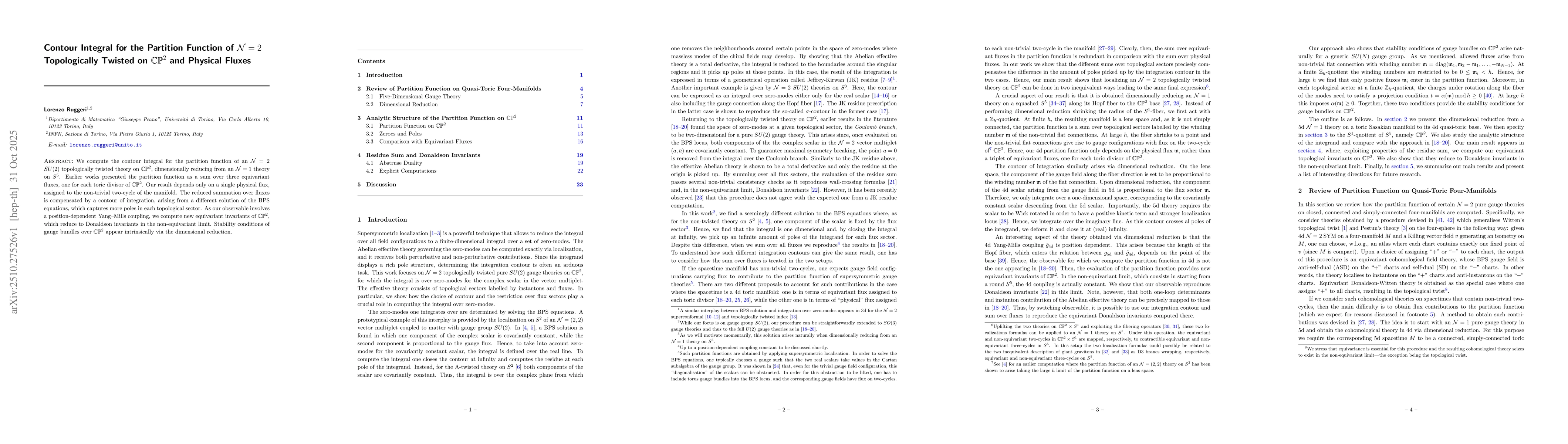 Thumbnail for Contour Integral for the Partition Function of $\mathcal{N}=2$
  Topologically Twisted on $\mathbb{CP}^2$ and Physical Fluxes