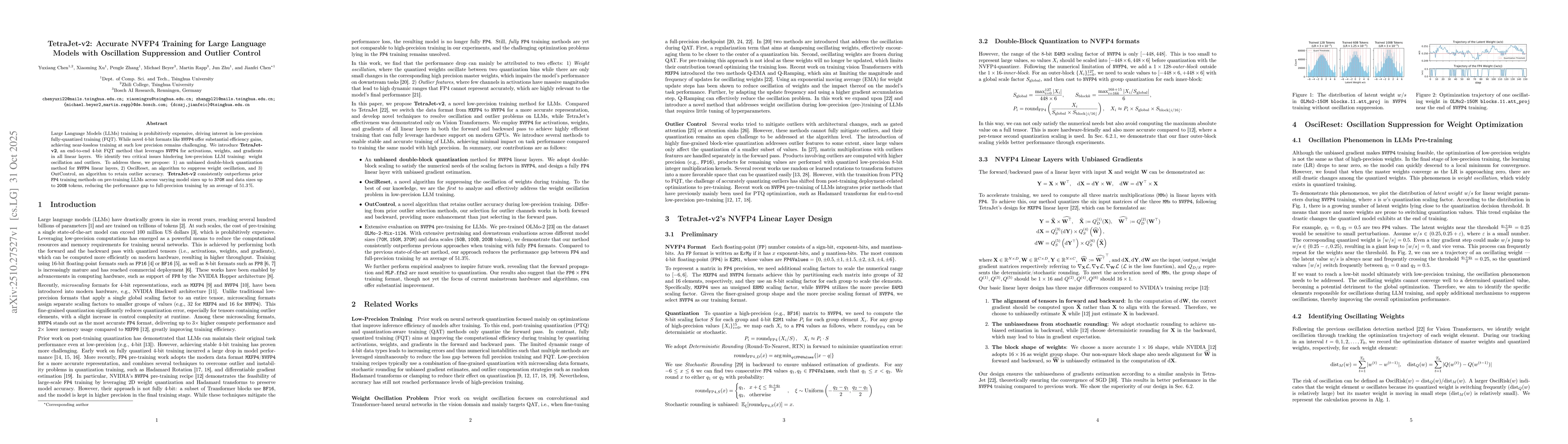 Thumbnail for TetraJet-v2: Accurate NVFP4 Training for Large Language Models with
  Oscillation Suppression and Outlier Control