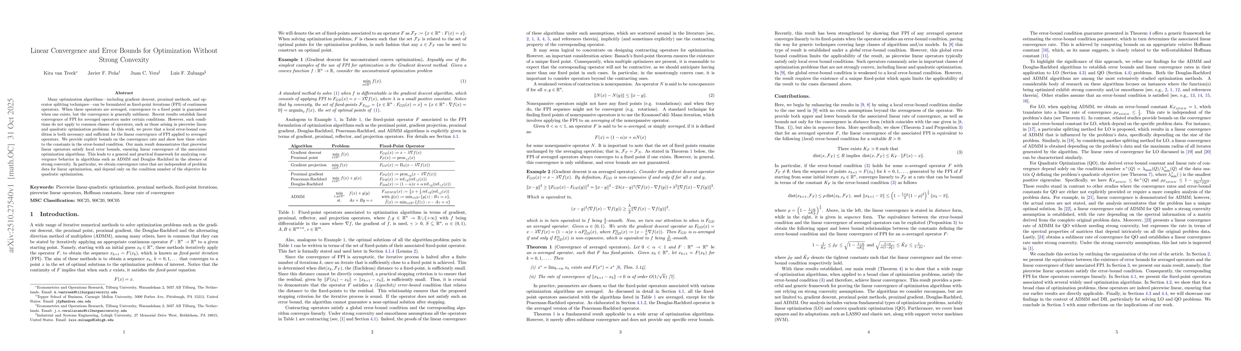 Thumbnail for Linear Convergence and Error Bounds for Optimization Without Strong
  Convexity