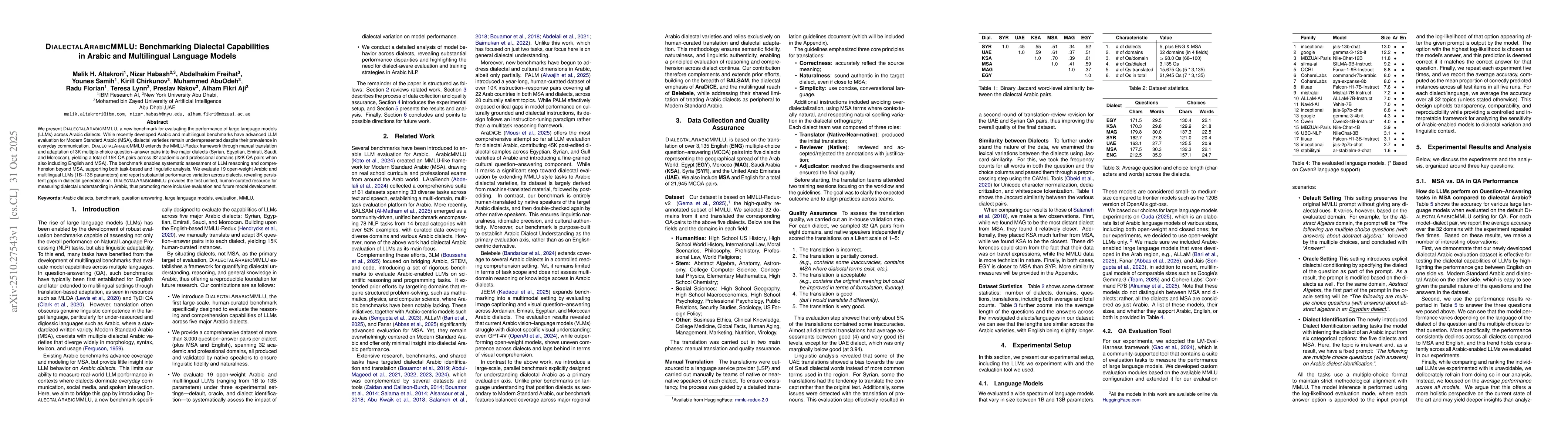 Thumbnail for DialectalArabicMMLU: Benchmarking Dialectal Capabilities in Arabic and
  Multilingual Language Models