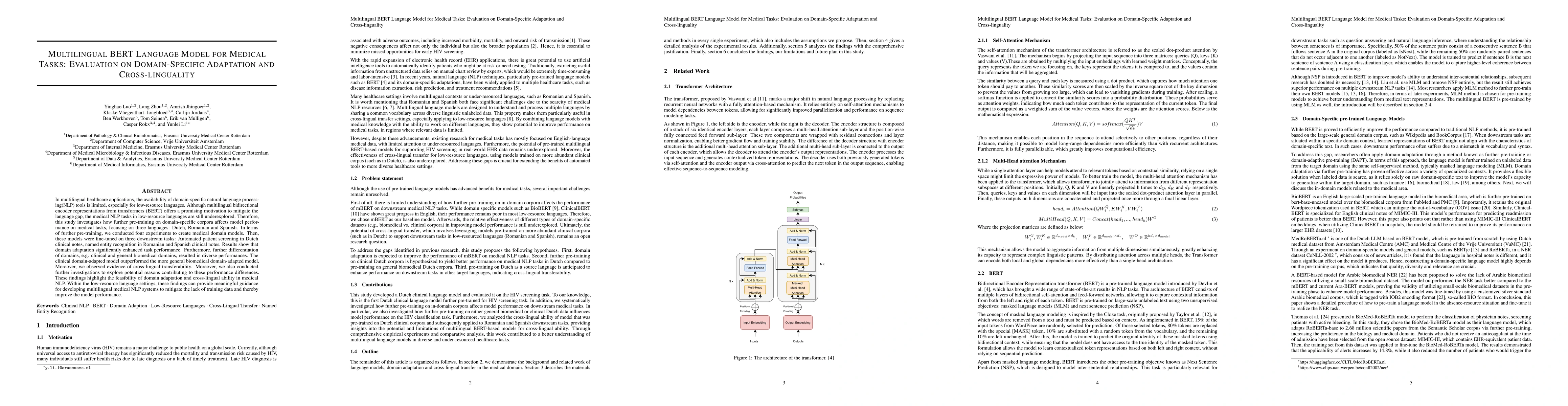 Thumbnail for Multilingual BERT language model for medical tasks: Evaluation on
  domain-specific adaptation and cross-linguality