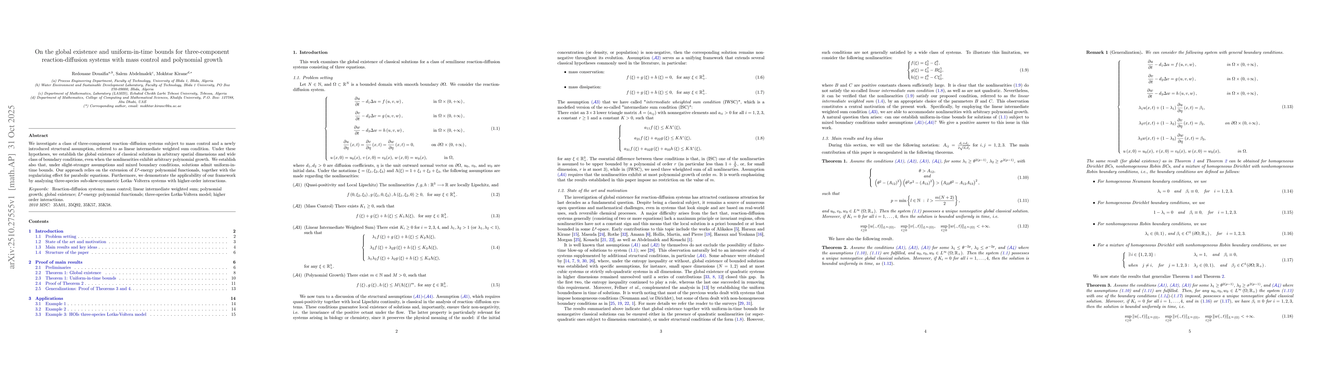 Thumbnail for On the global existence and uniform-in-time bounds for three-component
  reaction-diffusion systems with mass control and polynomial growth