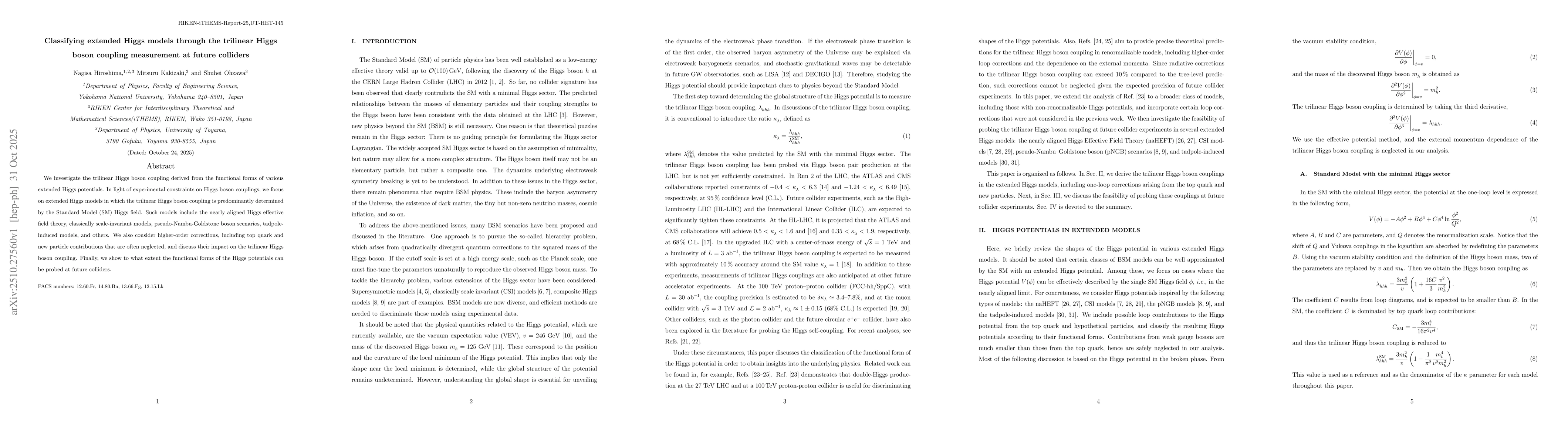 Thumbnail for Classifying extended Higgs models through the trilinear Higgs boson
  coupling measurement at future colliders