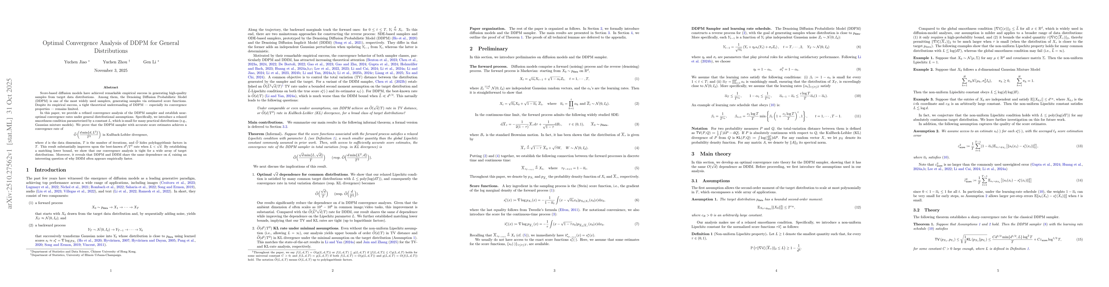 Thumbnail for Optimal Convergence Analysis of DDPM for General Distributions