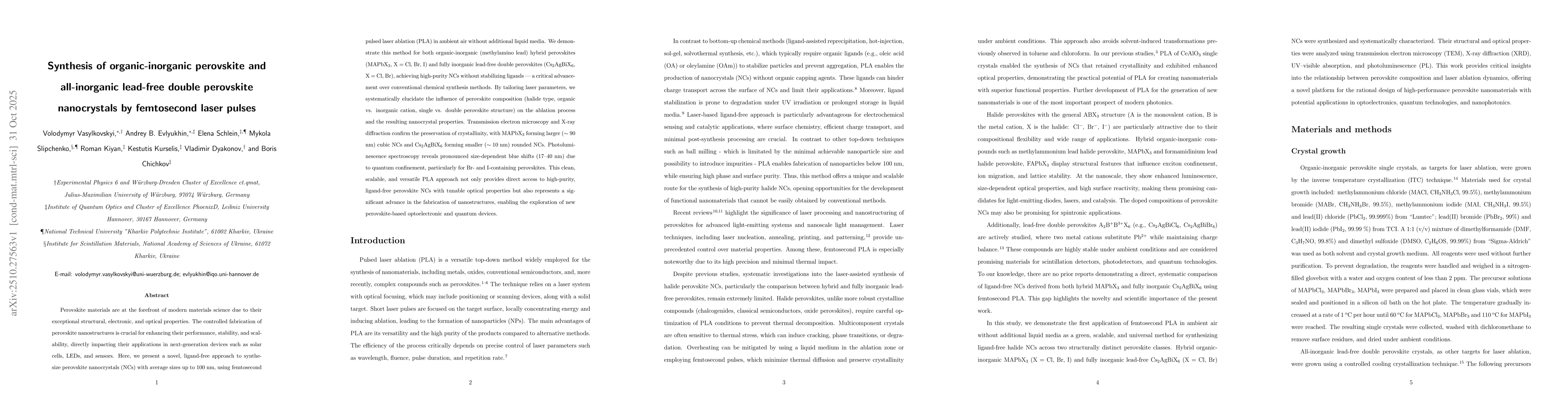 Thumbnail for Synthesis of organic-inorganic perovskite and all-inorganic lead-free
  double perovskite nanocrystals by femtosecond laser pulses