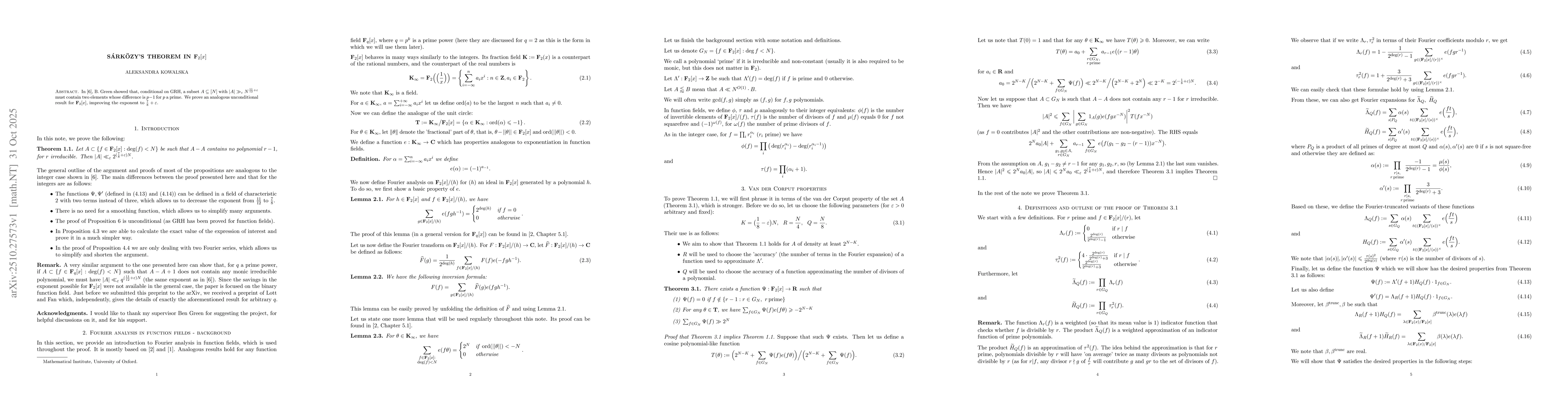 Thumbnail for Sárközy's theorem in $\mathbf{F}_2[x]$