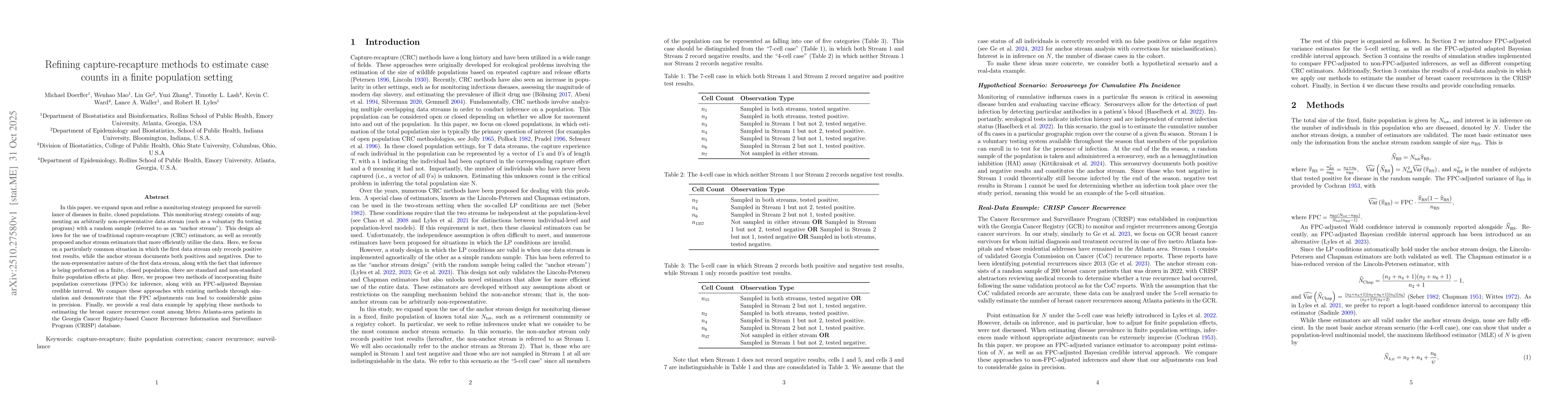 Thumbnail for Refining capture-recapture methods to estimate case counts in a finite
  population setting