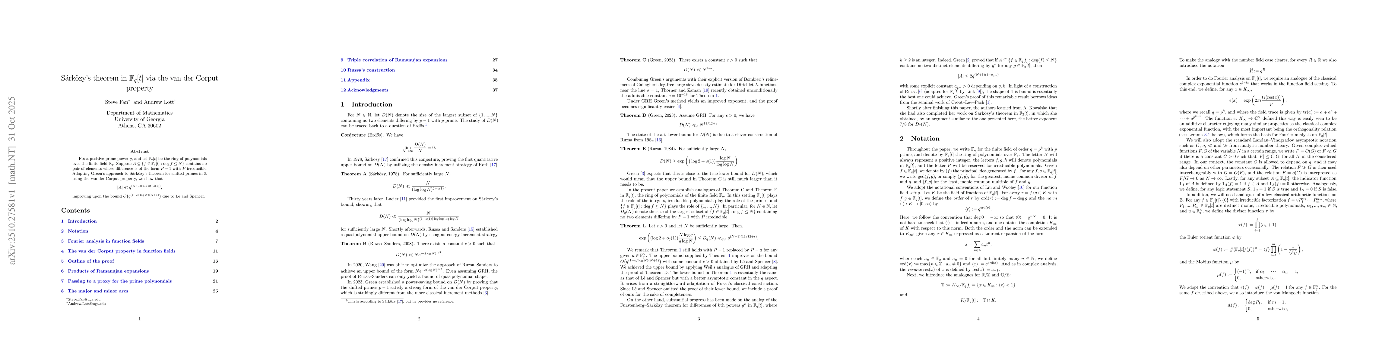 Thumbnail for SĂĄrkĂśzy's theorem in $\mathbb{F}_q[t]$ via the van der Corput
  property