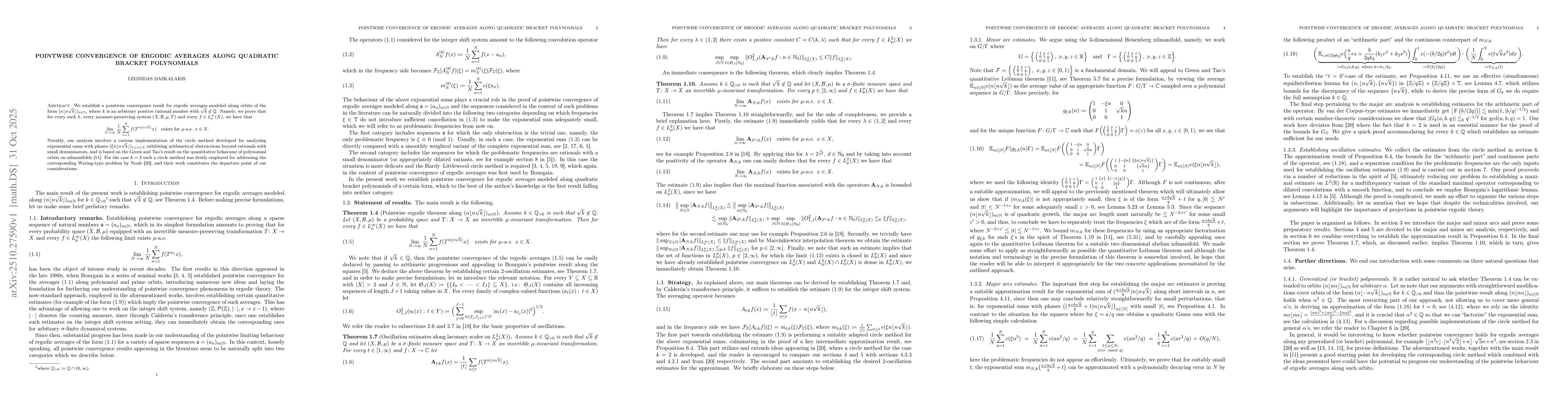 Thumbnail for Pointwise convergence of ergodic averages along quadratic bracket
  polynomials