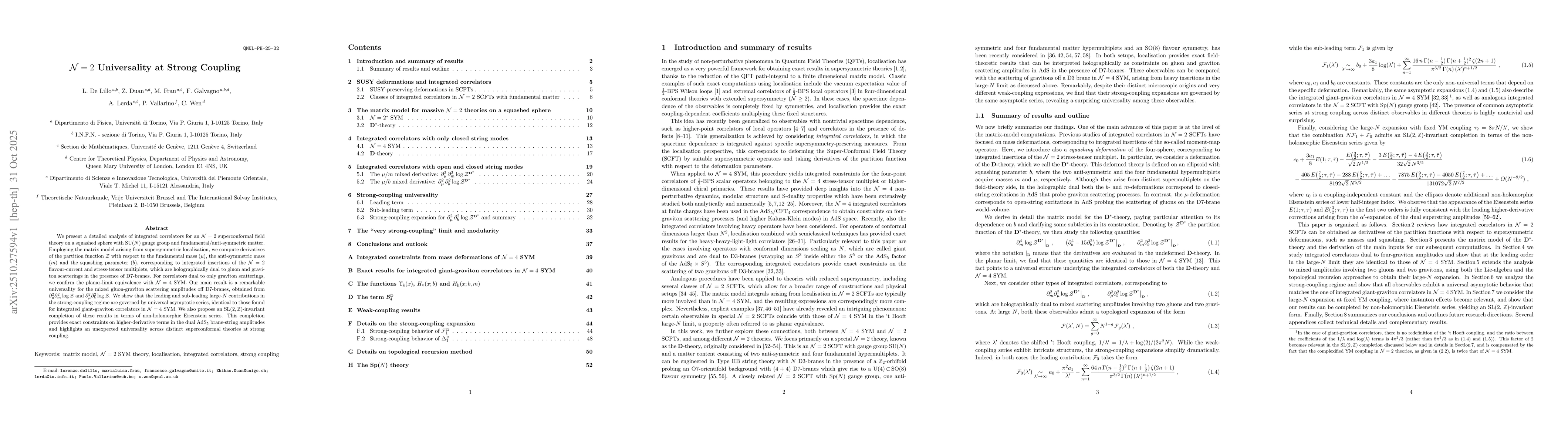 Thumbnail for $\mathcal{N}=2$ Universality at Strong Coupling
