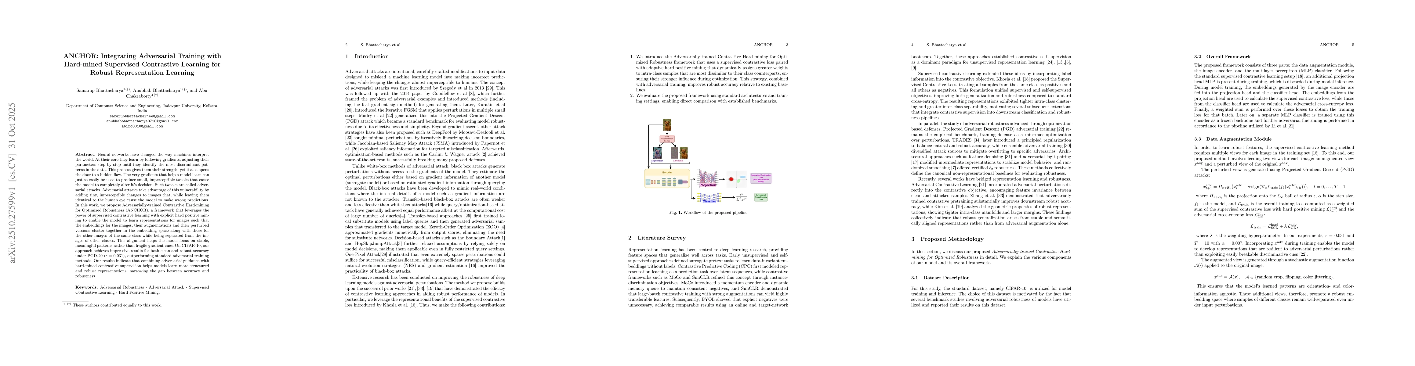 Thumbnail for ANCHOR: Integrating Adversarial Training with Hard-mined Supervised
  Contrastive Learning for Robust Representation Learning