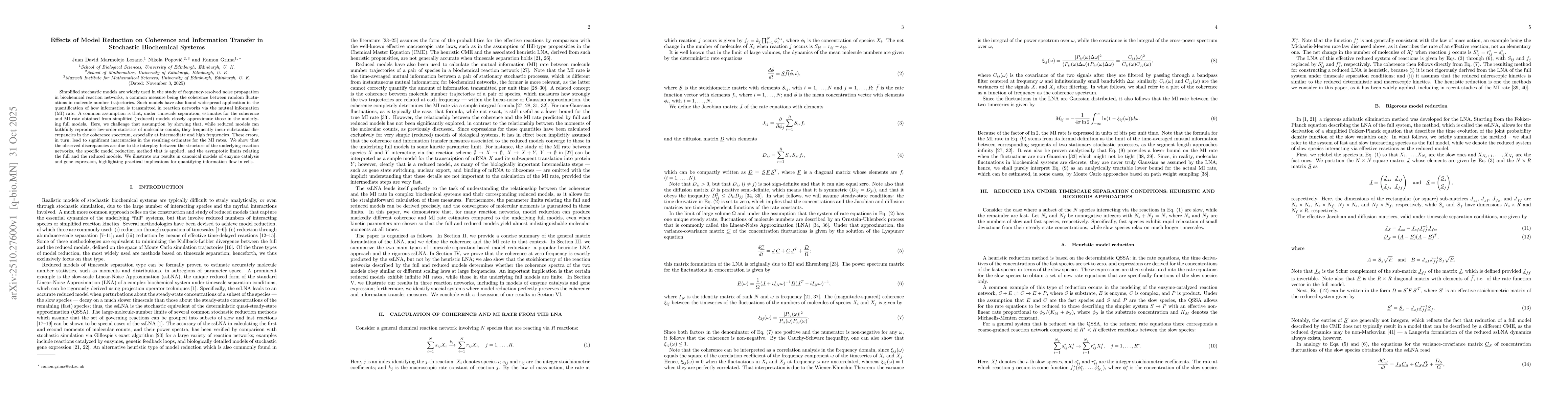 Thumbnail for Effects of Model Reduction on Coherence and Information Transfer in
  Stochastic Biochemical Systems