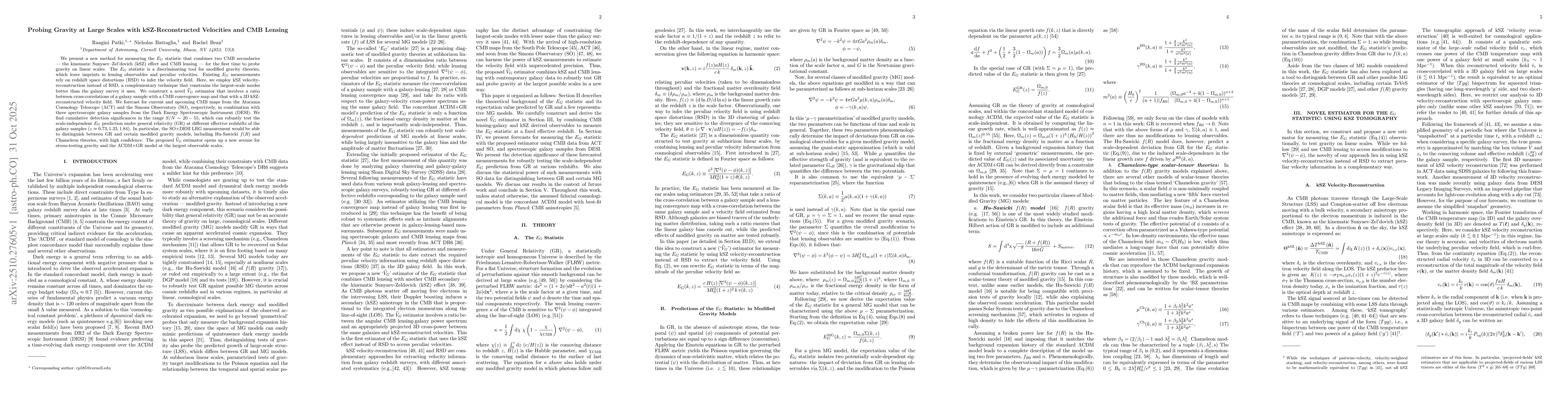 Thumbnail for Probing Gravity at Large Scales with kSZ-Reconstructed Velocities and
  CMB Lensing