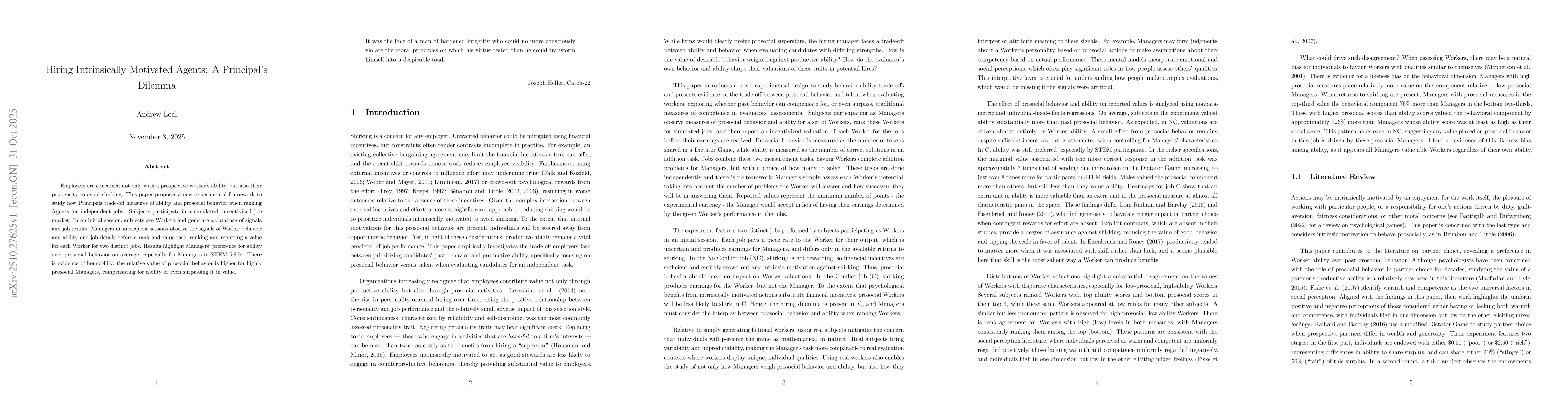 Thumbnail for Hiring Intrinsically Motivated Agents: A Principal's Dilemma