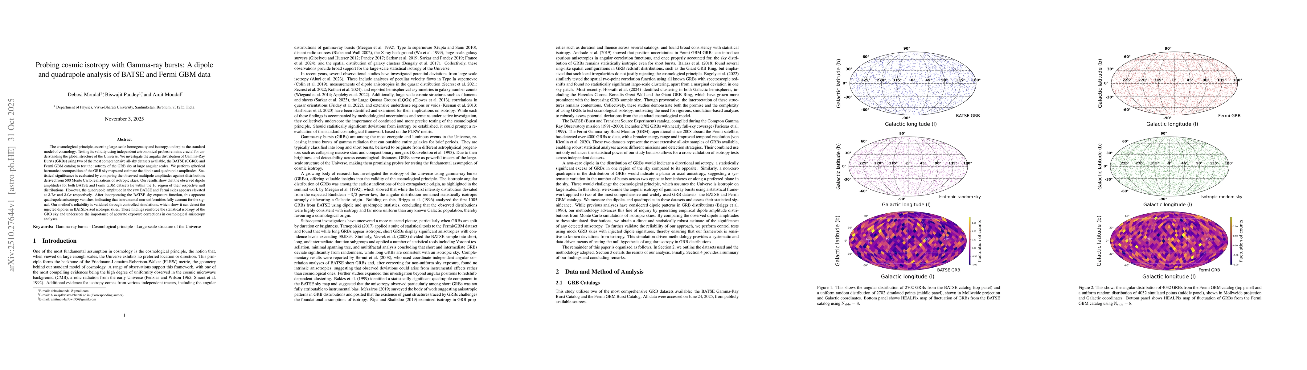 Thumbnail for Probing cosmic isotropy with Gamma-ray bursts: A dipole and quadrupole
  analysis of BATSE and Fermi GBM data