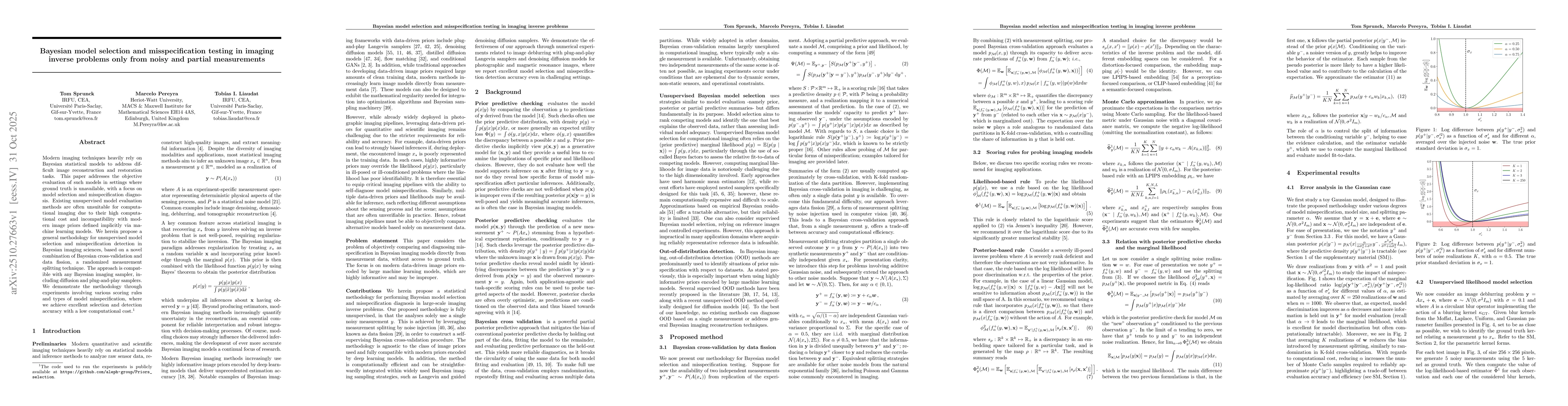 Thumbnail for Bayesian model selection and misspecification testing in imaging inverse
  problems only from noisy and partial measurements
