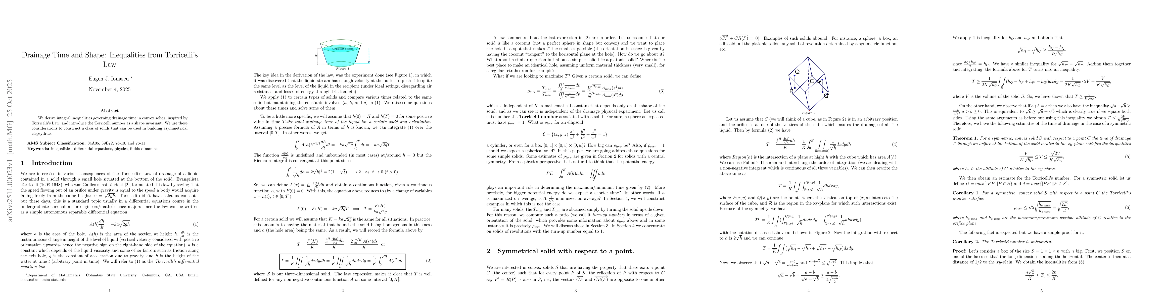 Thumbnail for Drainage Time and Shape: Inequalities from Torricelli's Law