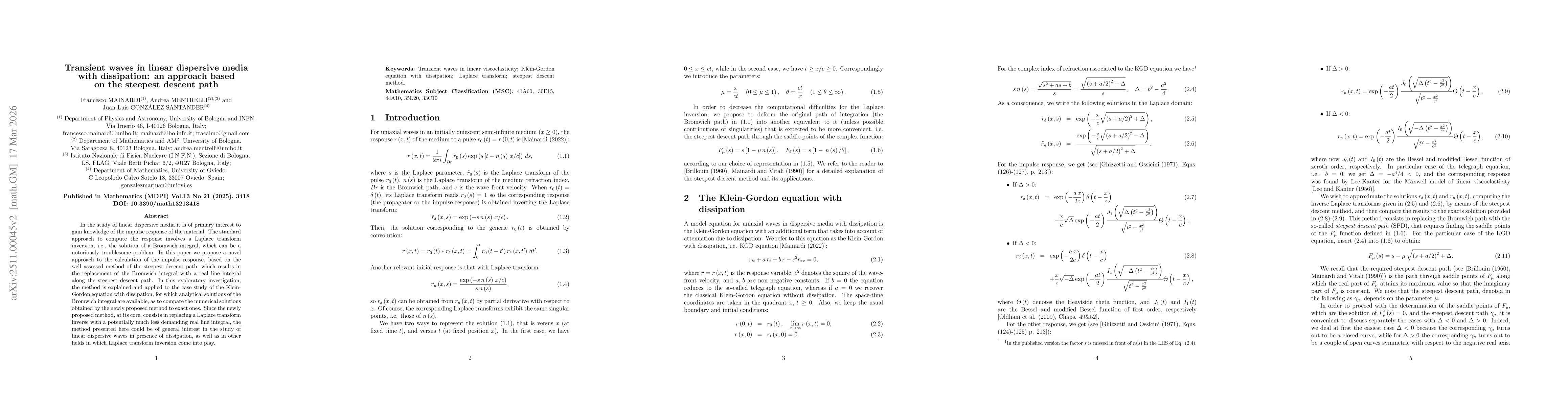 Thumbnail for Transient waves in linear dispersive media with dissipation: an approach based on the steepest descent path
