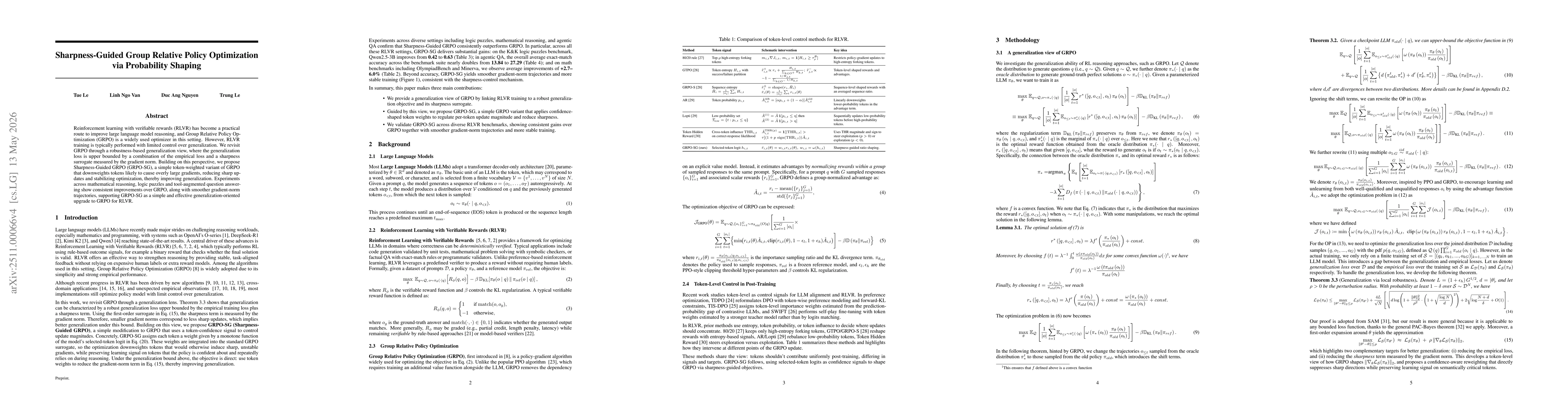 Thumbnail for Sharpness-Controlled Group Relative Policy Optimization with Token-Level Probability Shaping