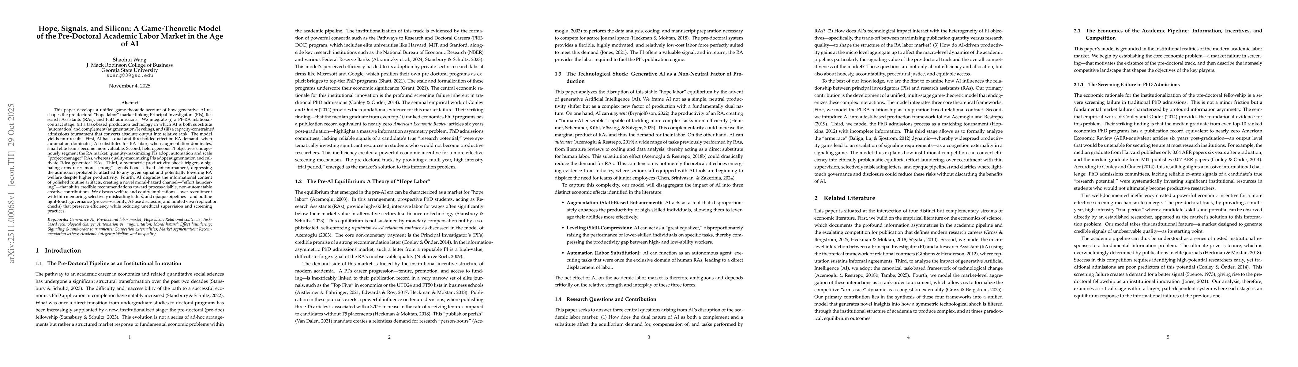 Thumbnail for Hope, Signals, and Silicon: A Game-Theoretic Model of the Pre-Doctoral Academic Labor Market in the Age of AI