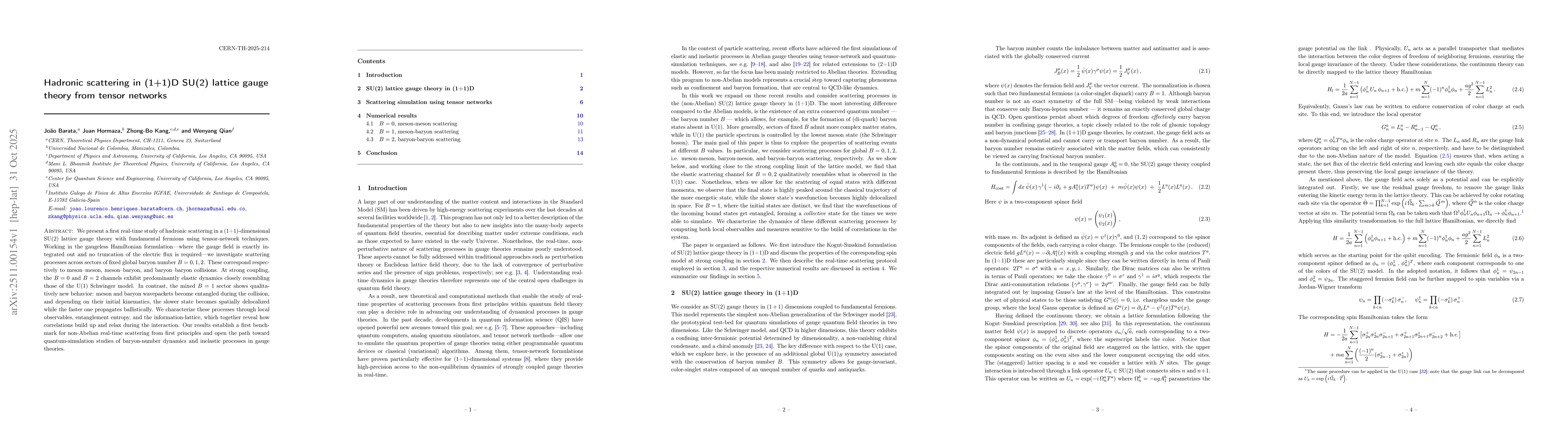 Thumbnail for Hadronic scattering in (1+1)D SU(2) lattice gauge theory from tensor networks