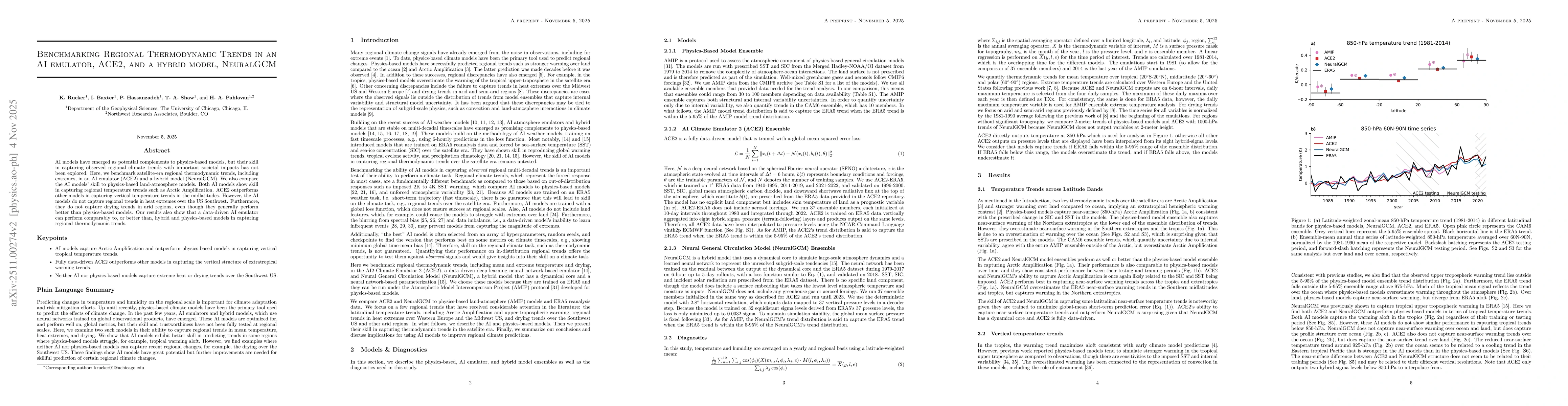 Thumbnail for Benchmarking Regional Thermodynamic Trends in an AI emulator, ACE2, and a hybrid model, NeuralGCM