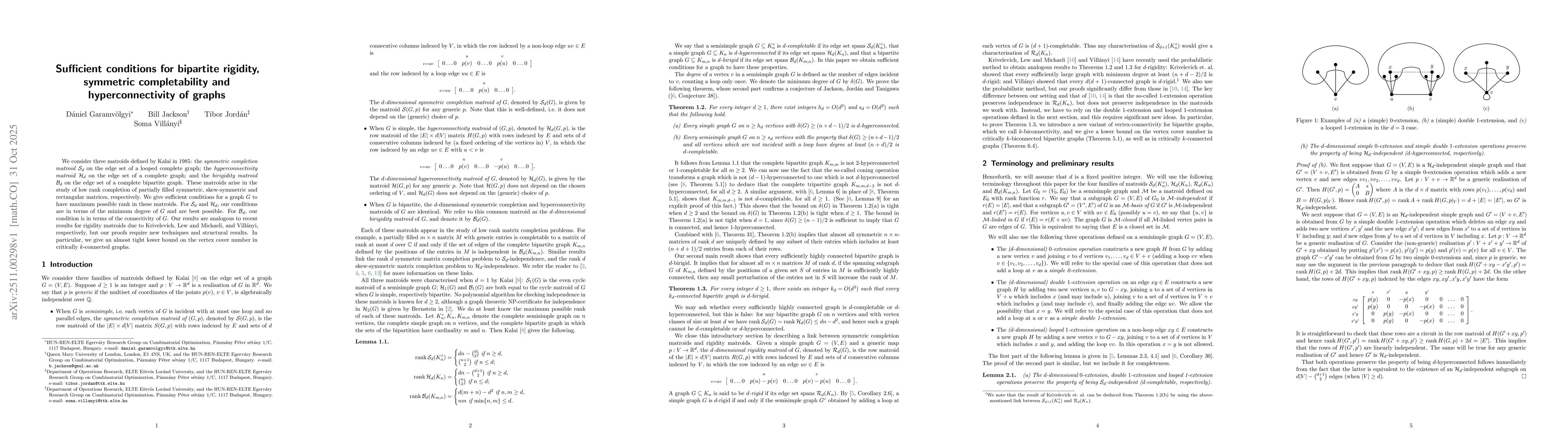 Thumbnail for Sufficient conditions for bipartite rigidity, symmetric completability and hyperconnectivity of graphs