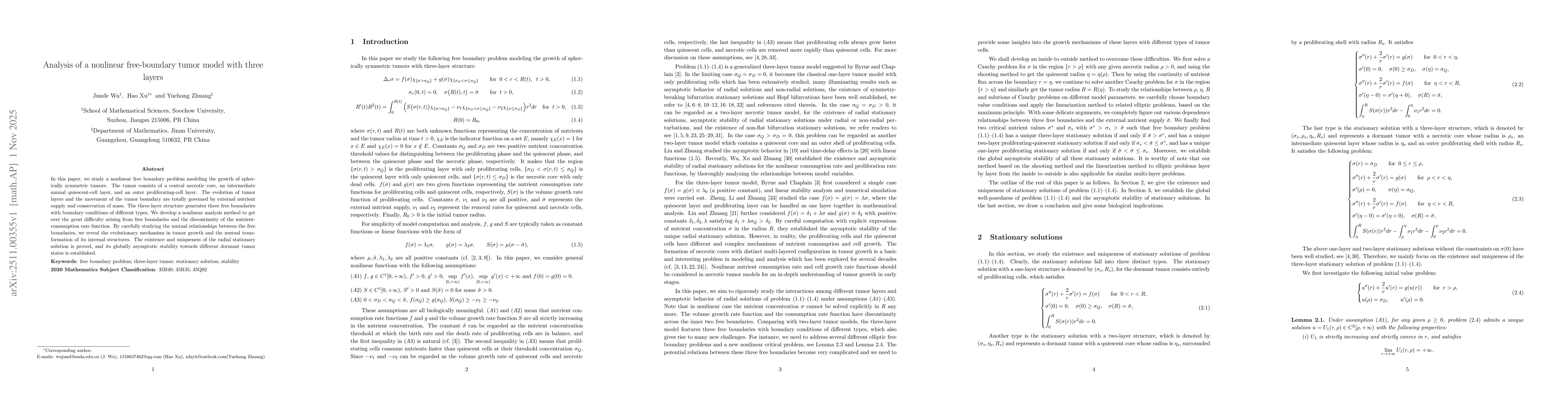 Thumbnail for Analysis of a nonlinear free-boundary tumor model with three layers