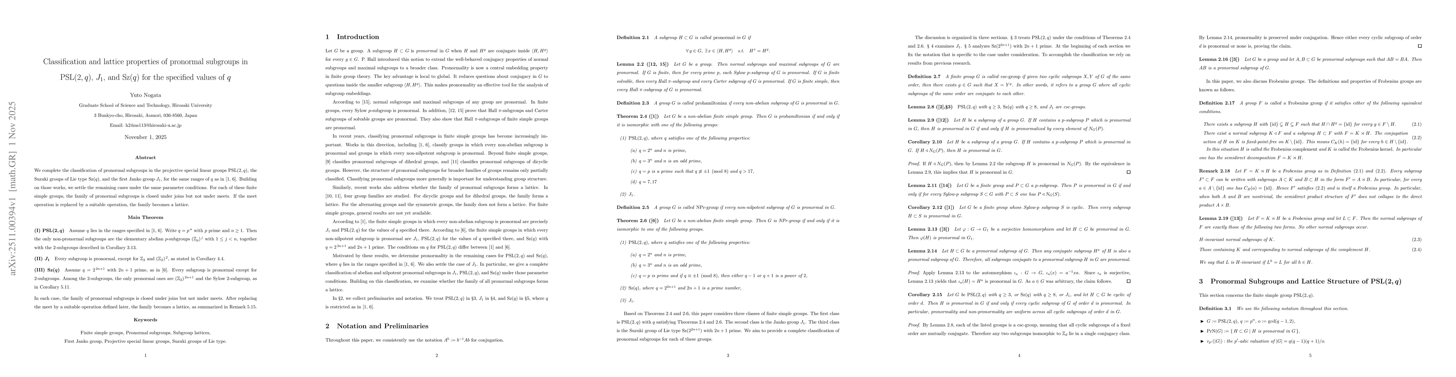 Thumbnail for Classification and lattice properties of pronormal subgroups in PSL(2,q), J1, and Sz(q) for the specified values of q
