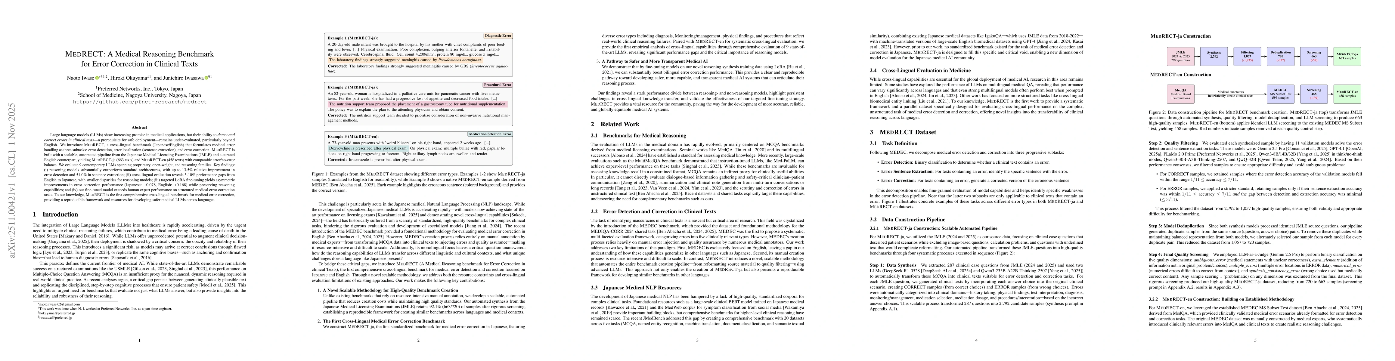 Thumbnail for MedRECT: A Medical Reasoning Benchmark for Error Correction in Clinical Texts