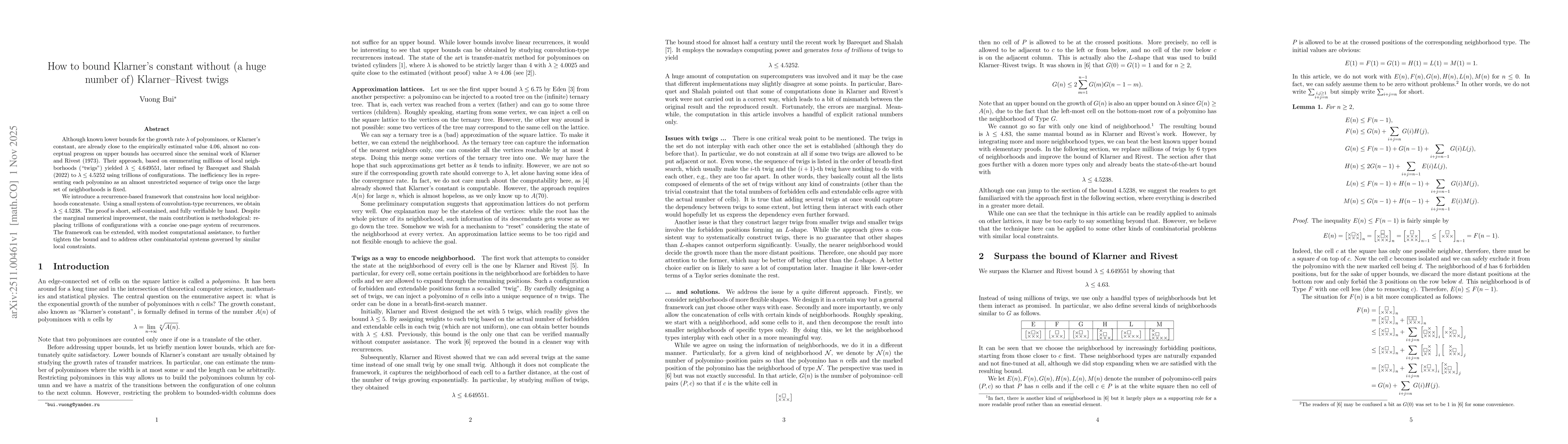 Thumbnail for How to bound Klarner's constant without (a huge number of) Klarner--Rivest twigs