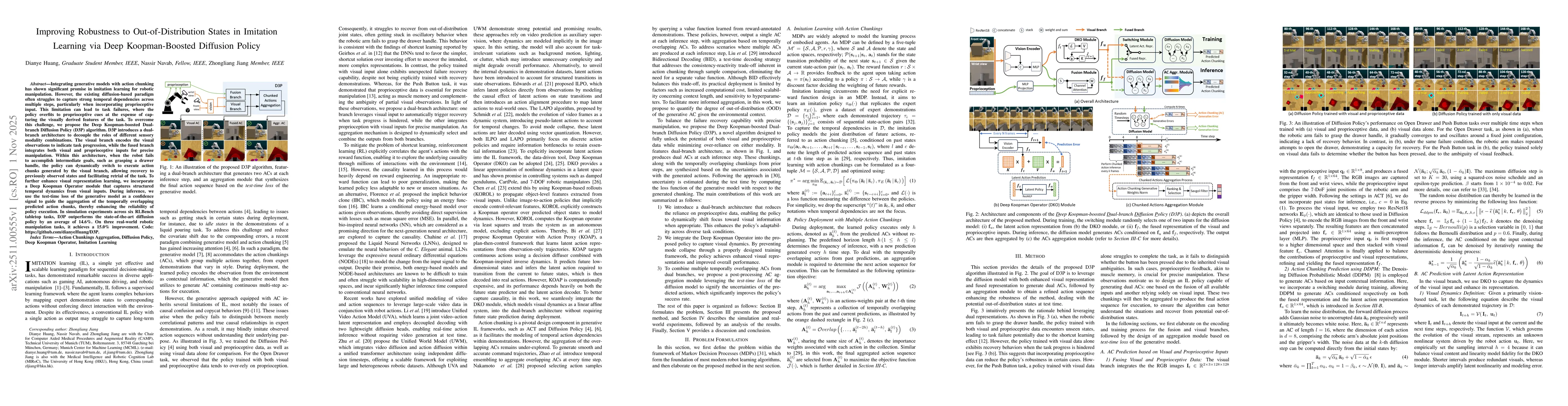 Thumbnail for Improving Robustness to Out-of-Distribution States in Imitation Learning via Deep Koopman-Boosted Diffusion Policy