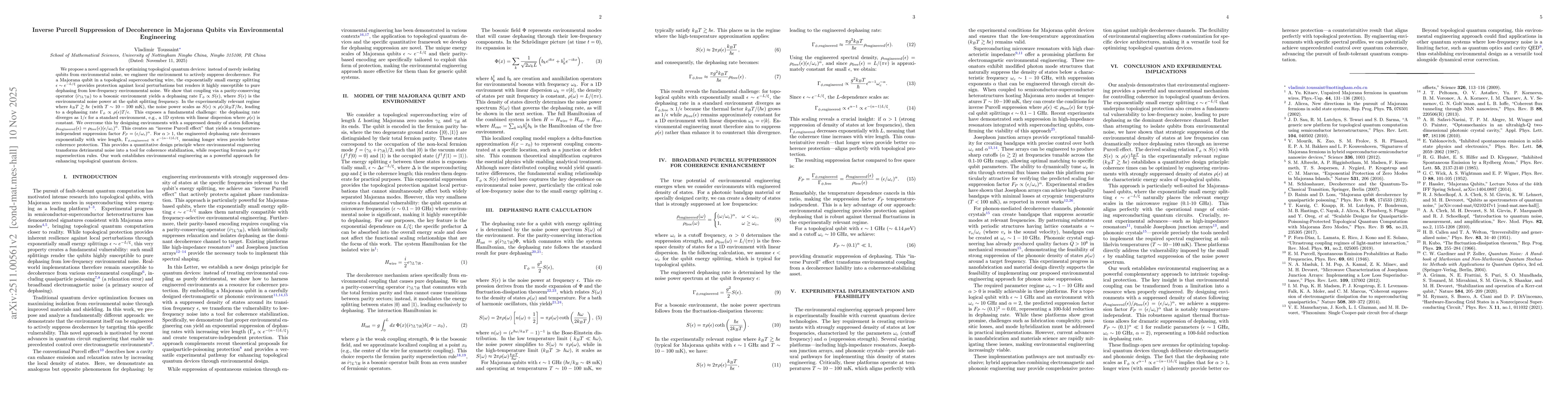 Thumbnail for Inverse Purcell Suppression of Decoherence in Majorana Qubits via Environmental Engineering