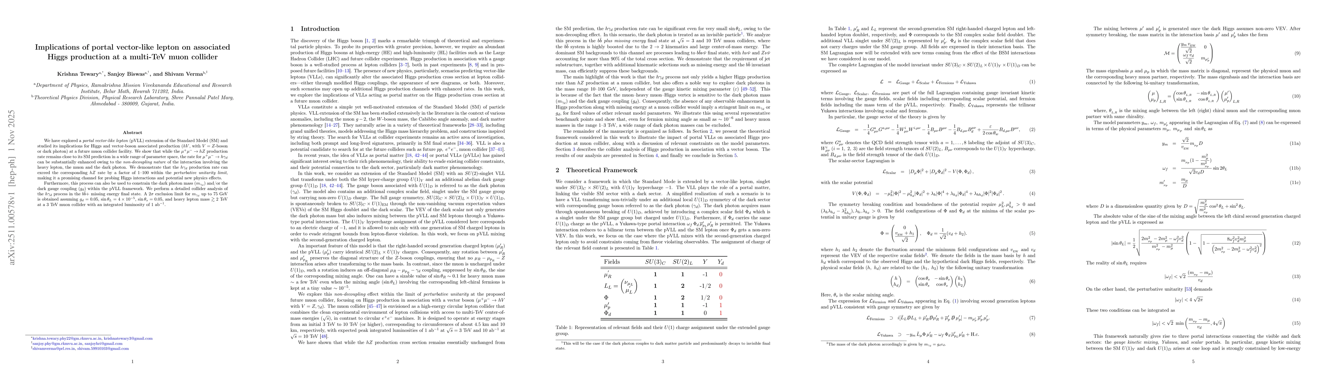 Thumbnail for Implications of portal vector-like lepton on associated Higgs production at a multi-TeV muon collider