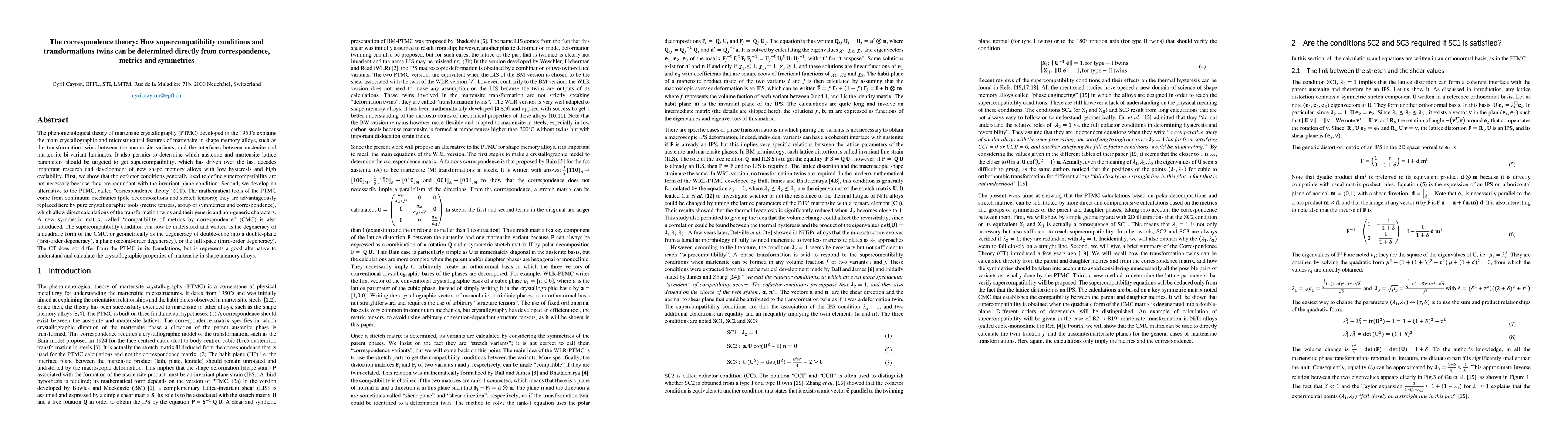Thumbnail for The correspondence theory: How supercompatibility conditions, transformations twins, and austenite-martensite interfaces are determined directly from correspondence, metrics and symmetries