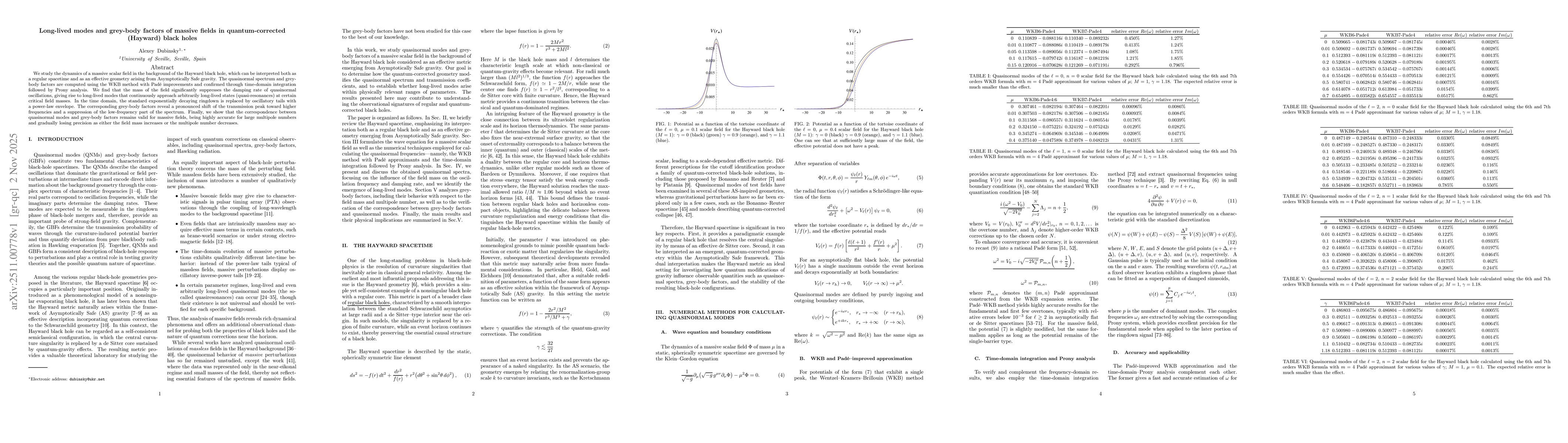 Thumbnail for Long-lived modes and grey-body factors of massive fields in quantum-corrected (Hayward) black holes