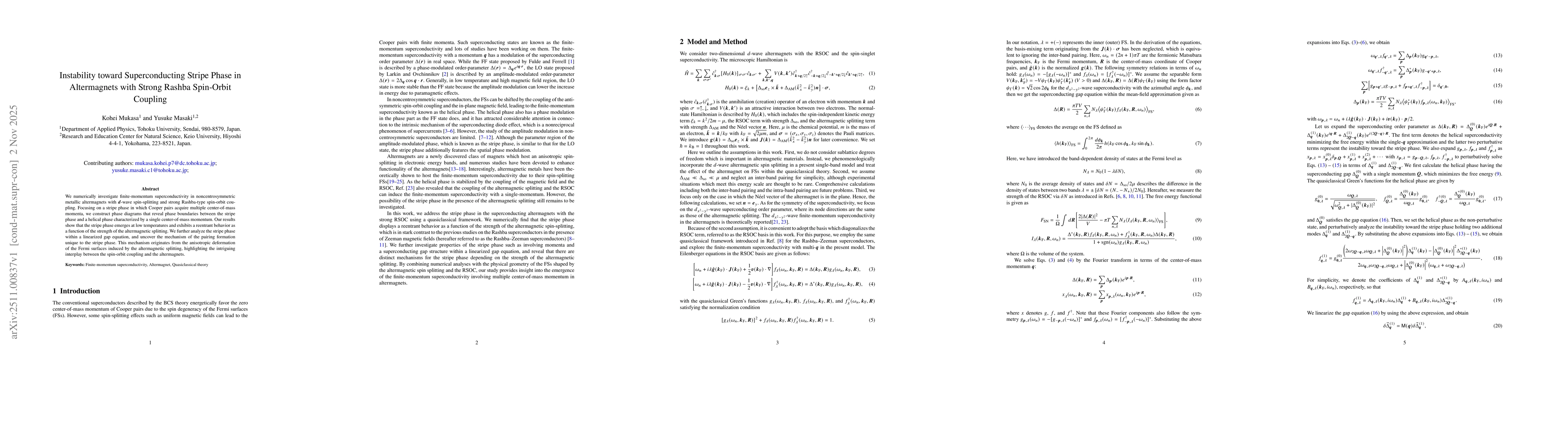 Thumbnail for Instability toward Superconducting Stripe Phase in Altermagnets with Strong Rashba Spin-Orbit Coupling