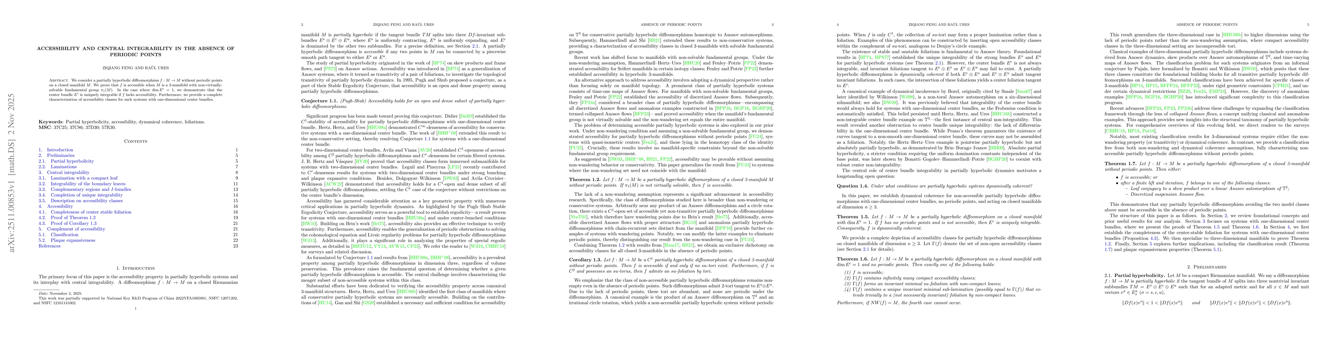 Thumbnail for Accessibility and central integrability in the absence of periodic points