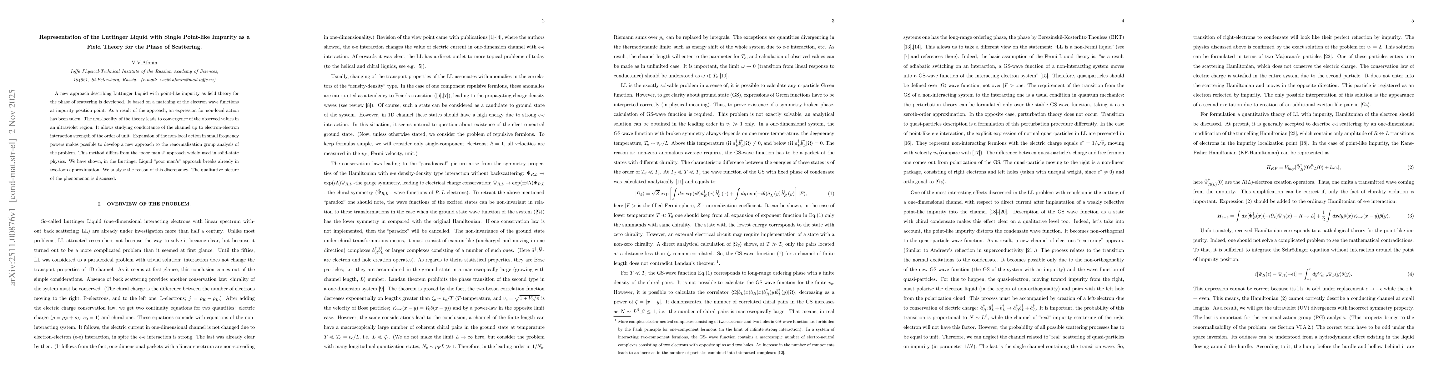 Thumbnail for Representation of the Luttinger Liquid with Single Point-like Impurity as a Field Theory for the Phase of Scattering