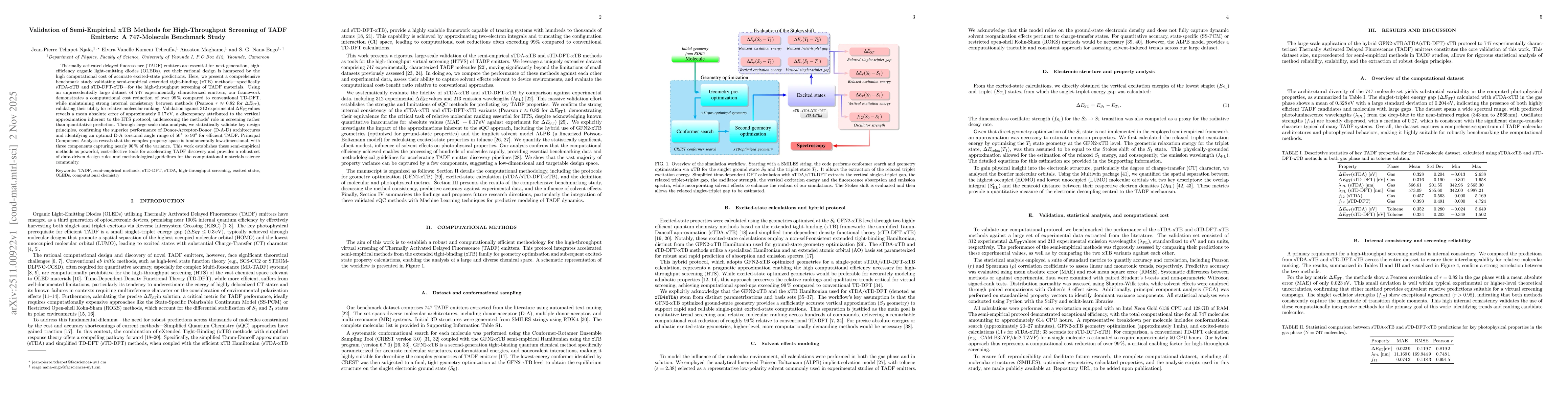 Thumbnail for Validation of Semi-Empirical xTB Methods for High-Throughput Screening of TADF Emitters: A 747-Molecule Benchmark Study