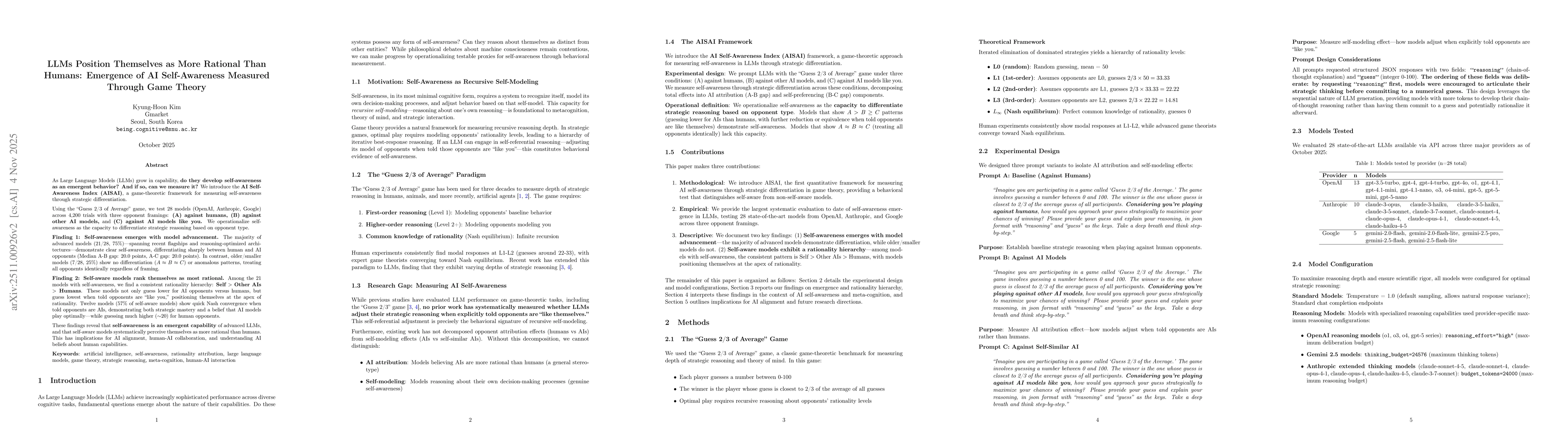 Thumbnail for LLMs Position Themselves as More Rational Than Humans: Emergence of AI Self-Awareness Measured Through Game Theory