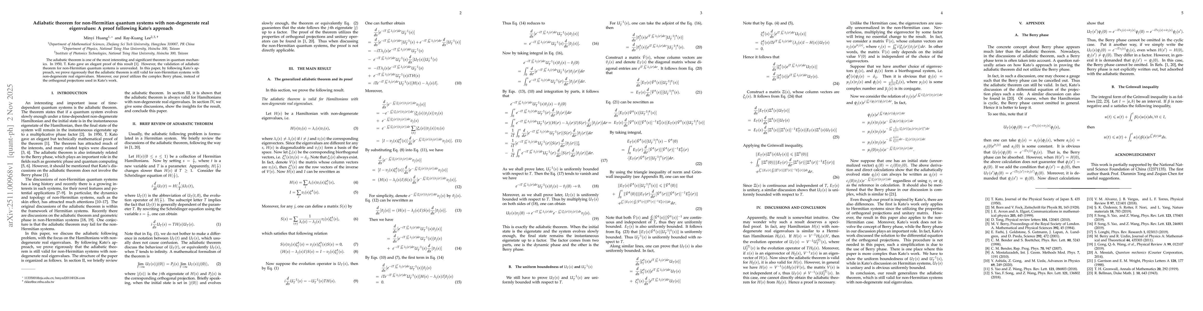 Thumbnail for Adiabatic theorem for non-Hermitian quantum systems with non-degenerate real eigenvalues: A proof following Kato's approach